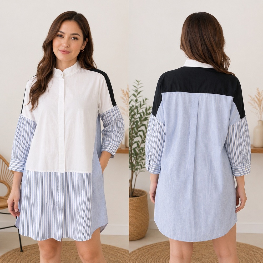 Pomander Place Shirt Dress Small Blue White Striped Colorblock Mock Neck Cotton